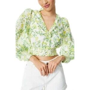 Alice + Olivia Calico Floral Blouse Size Small White Yellow Smocked Cropped Top